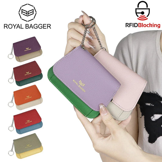 Royal Bagger Multi-card Slots Short Wallet, Genuine Leather Credit Card Holder, RFID Blocking Card Coin Purse with Keychain 1943